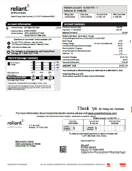USA Reliant Energy utility bill template in Word and PDF formats, version 2